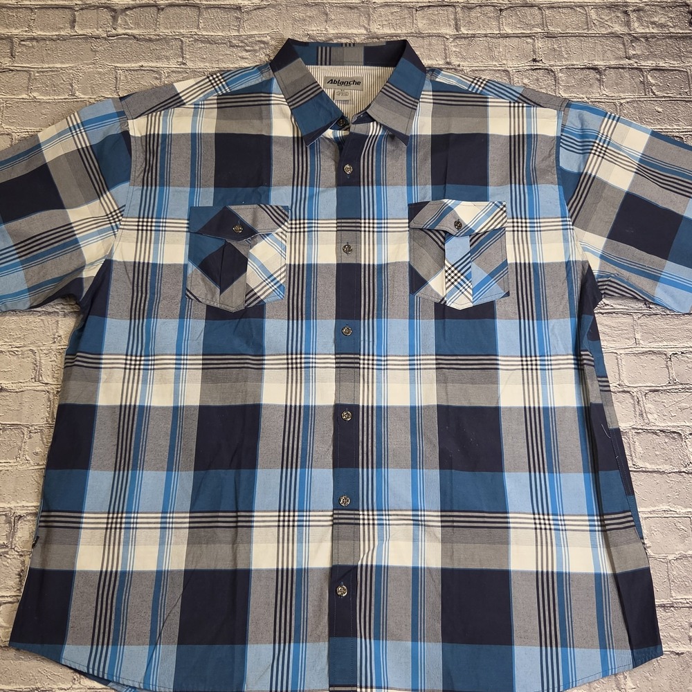 Ablanche Button Down Shirt Mens 5XL Blue Plaid Short Sleeve Big & Tall